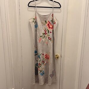 Johnny Was Gray Linen Embroidered Midi Dress